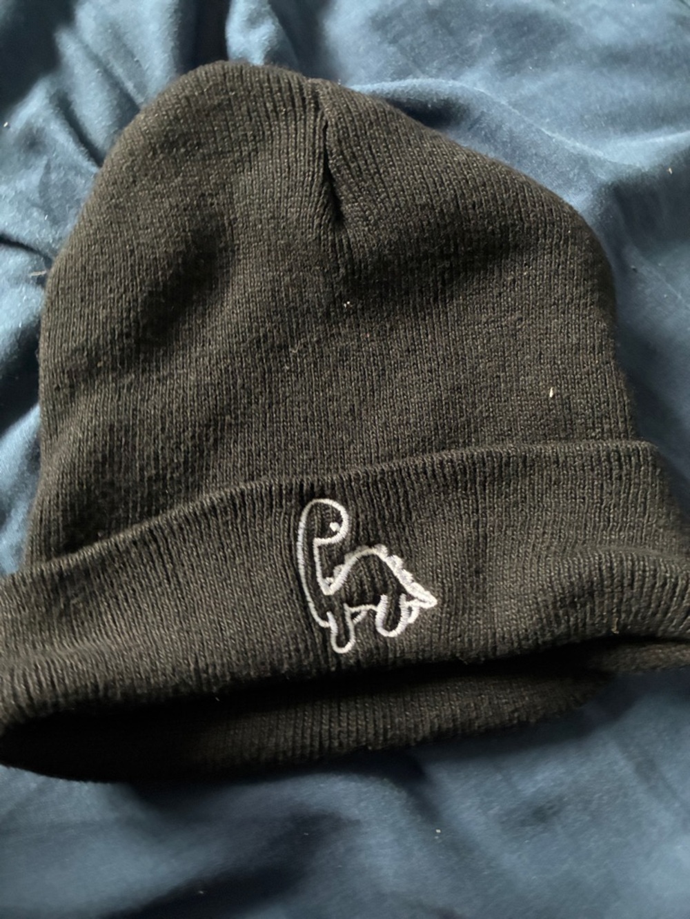Kids Black Knit Beanie with Embroidered Dinosaur